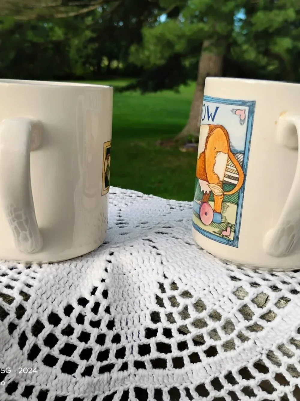 Set of 2 coffee mugs farmhouse style Hen and Cow artist Susan Winget cottagecore